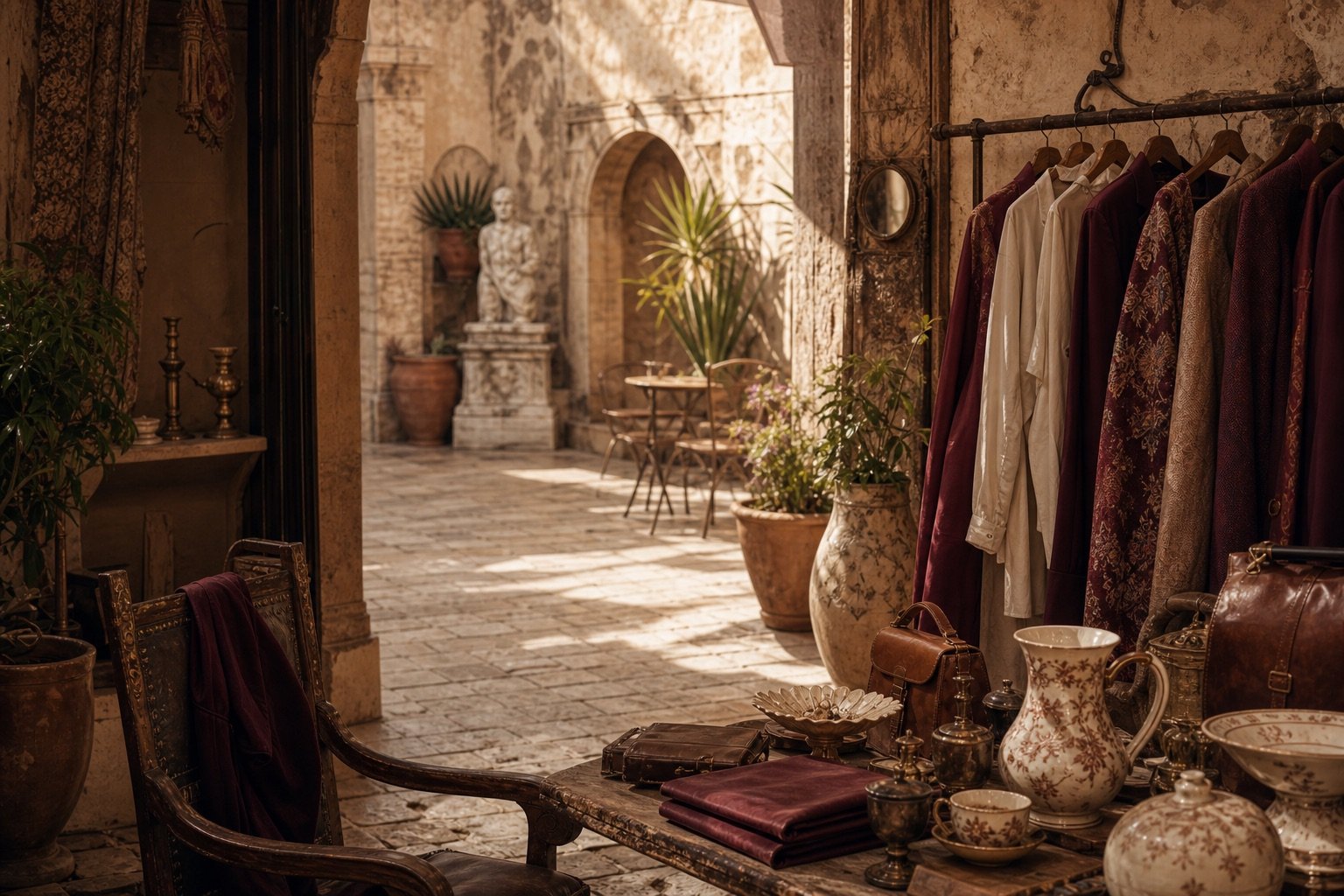 Butik z modą i przedmiotami vintage otwarty na kamienny dziedziniec